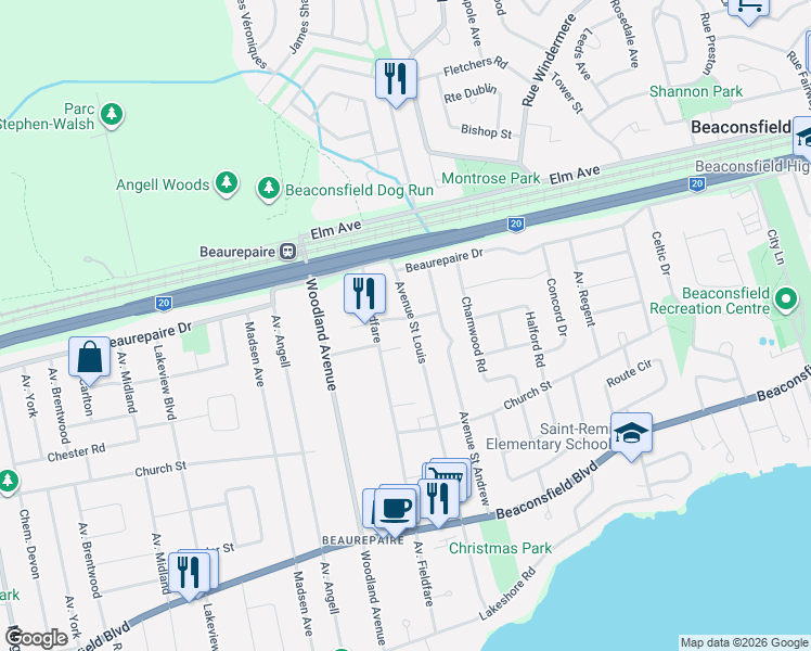 map of restaurants, bars, coffee shops, grocery stores, and more near 122 Avenue Saint Louis in Beaconsfield