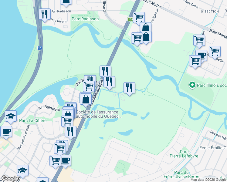 map of restaurants, bars, coffee shops, grocery stores, and more near Avenue du Golf in La Prairie