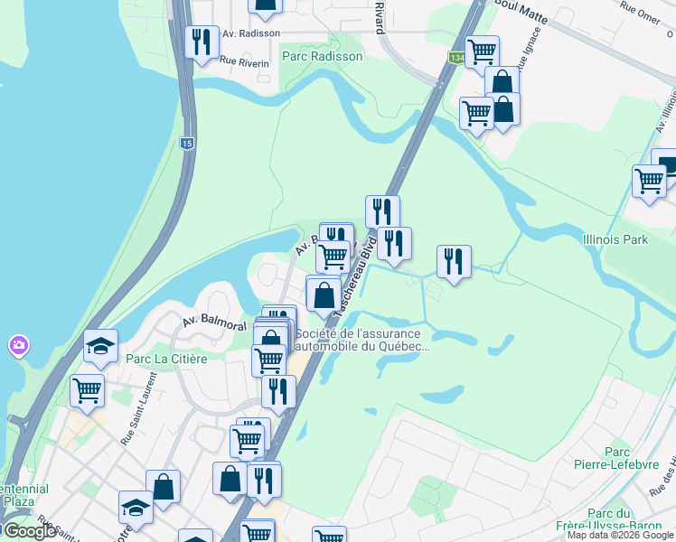 map of restaurants, bars, coffee shops, grocery stores, and more near 30 Boulevard Taschereau in La Prairie