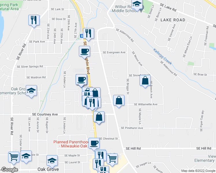 map of restaurants, bars, coffee shops, grocery stores, and more near Oatfield Rd & SE Loeffelman Rd in Oatfield