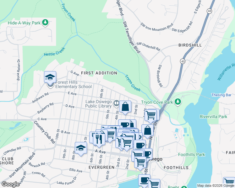 map of restaurants, bars, coffee shops, grocery stores, and more near 455 G Avenue in Lake Oswego