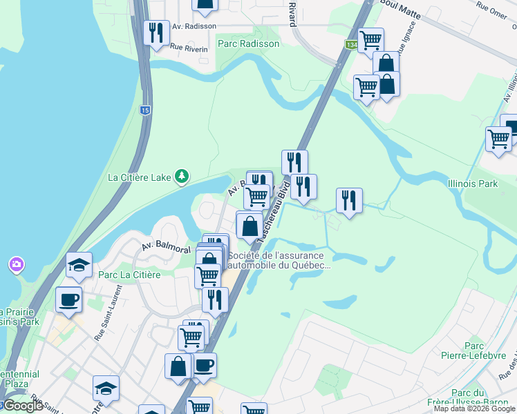 map of restaurants, bars, coffee shops, grocery stores, and more near in La Prairie