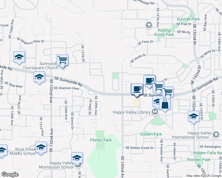 map of restaurants, bars, coffee shops, grocery stores, and more near 14098 Southeast Summerfield Loop in Happy Valley