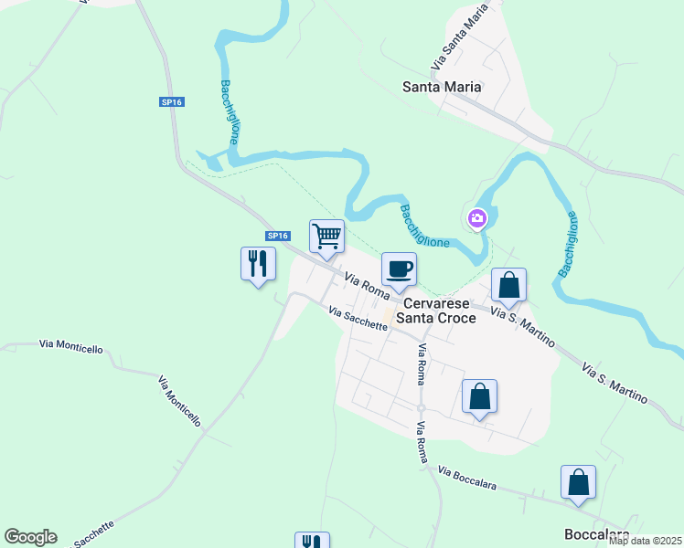 map of restaurants, bars, coffee shops, grocery stores, and more near 14 Via Roma in Cervarese Santa Croce