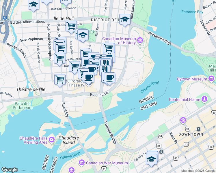 map of restaurants, bars, coffee shops, grocery stores, and more near 11 Rue Laurier in Gatineau
