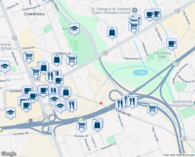 map of restaurants, bars, coffee shops, grocery stores, and more near 705 Beauparc Private in Ottawa