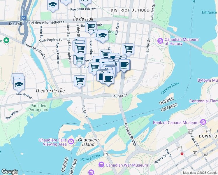 map of restaurants, bars, coffee shops, grocery stores, and more near 140 Promenade du Portage in Gatineau