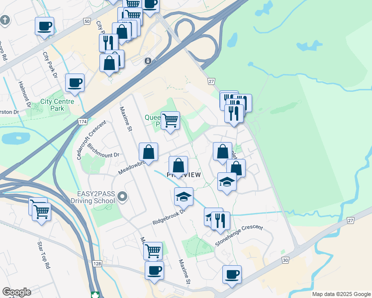 map of restaurants, bars, coffee shops, grocery stores, and more near 2086 Eric Crescent in Ottawa