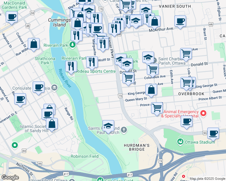 map of restaurants, bars, coffee shops, grocery stores, and more near 123 Glynn Avenue in Ottawa