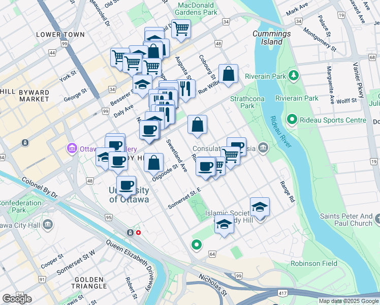 map of restaurants, bars, coffee shops, grocery stores, and more near 330 Chapel Street in Ottawa