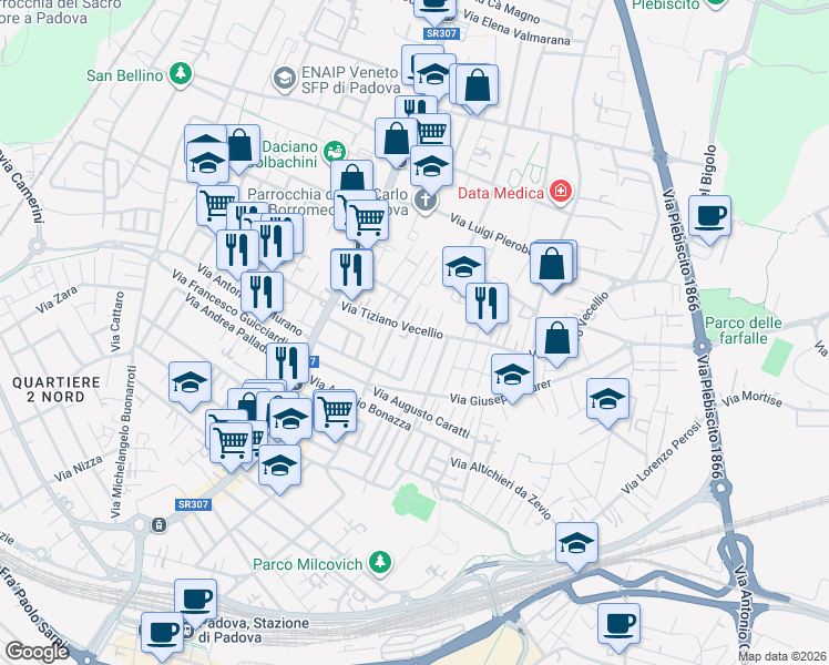map of restaurants, bars, coffee shops, grocery stores, and more near 4 Via Bartolomeo Ammannati in Padova