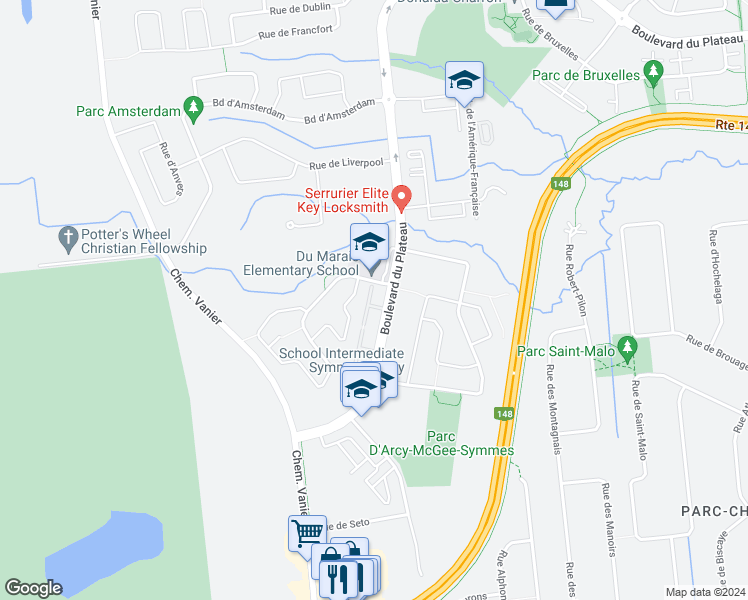 map of restaurants, bars, coffee shops, grocery stores, and more near 850 Boulevard du Plateau in Gatineau