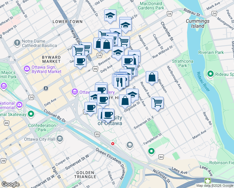 map of restaurants, bars, coffee shops, grocery stores, and more near 200 Laurier Avenue East in Ottawa