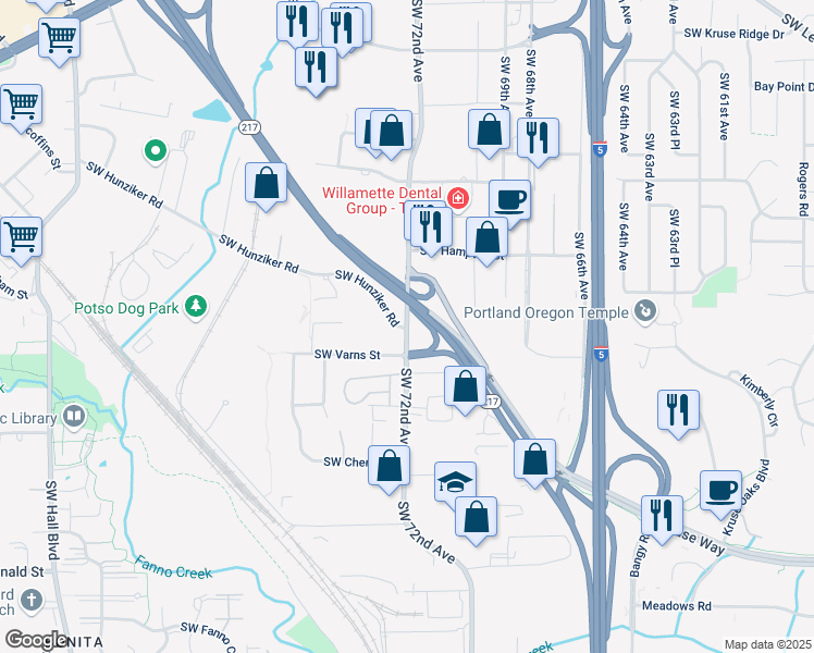 map of restaurants, bars, coffee shops, grocery stores, and more near SW 72nd Ave & SW Hunziker Rd in Tigard