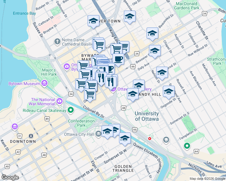 map of restaurants, bars, coffee shops, grocery stores, and more near 60 Waller Street in Ottawa