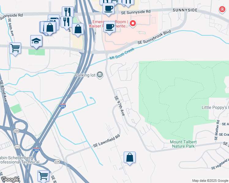 map of restaurants, bars, coffee shops, grocery stores, and more near 13418 Southeast 97th Avenue in Clackamas
