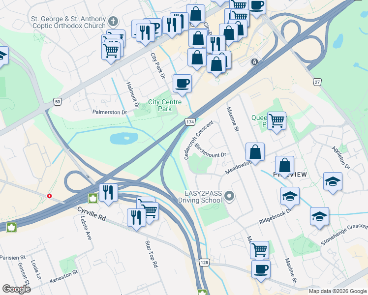 map of restaurants, bars, coffee shops, grocery stores, and more near 1237 Cedarcroft Crescent in Ottawa
