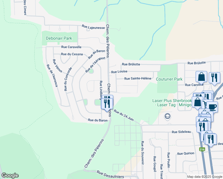 map of restaurants, bars, coffee shops, grocery stores, and more near 1314 Chemin des Pèlerins in Sherbrooke