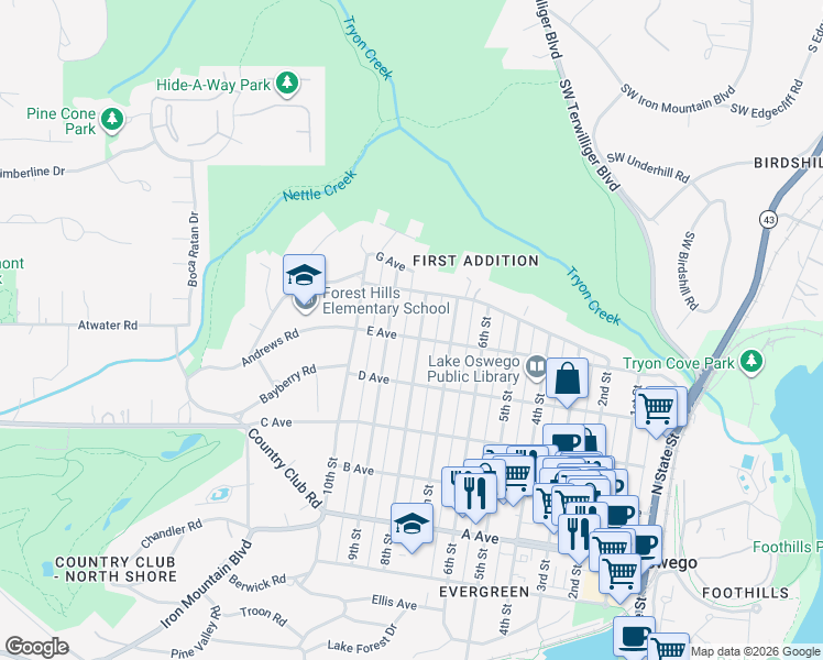 map of restaurants, bars, coffee shops, grocery stores, and more near 871 8th Street in Lake Oswego