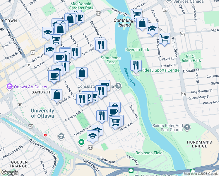 map of restaurants, bars, coffee shops, grocery stores, and more near 78 Marlborough Avenue in Ottawa