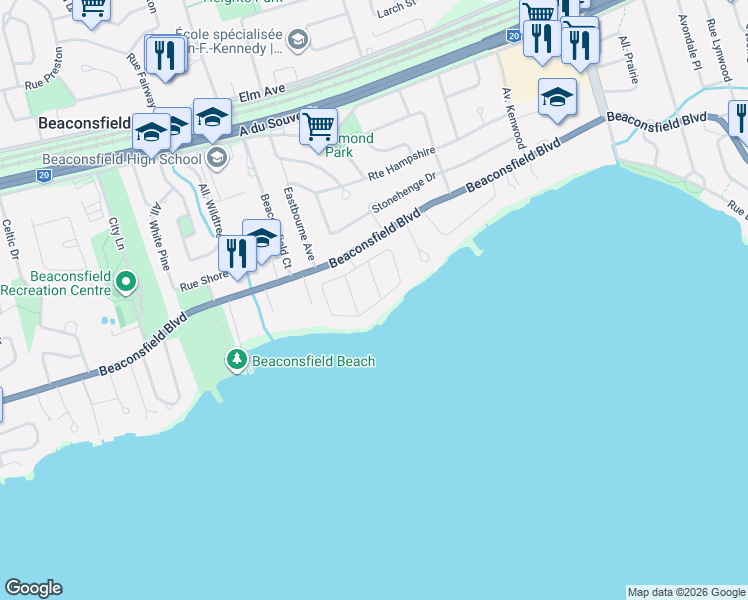 map of restaurants, bars, coffee shops, grocery stores, and more near 56 Gables Court in Beaconsfield