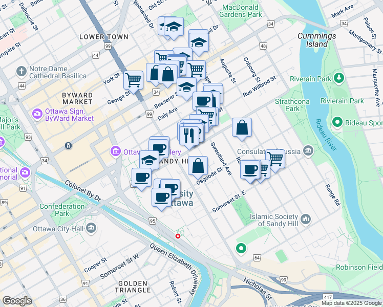 map of restaurants, bars, coffee shops, grocery stores, and more near 244 Laurier Avenue East in Ottawa