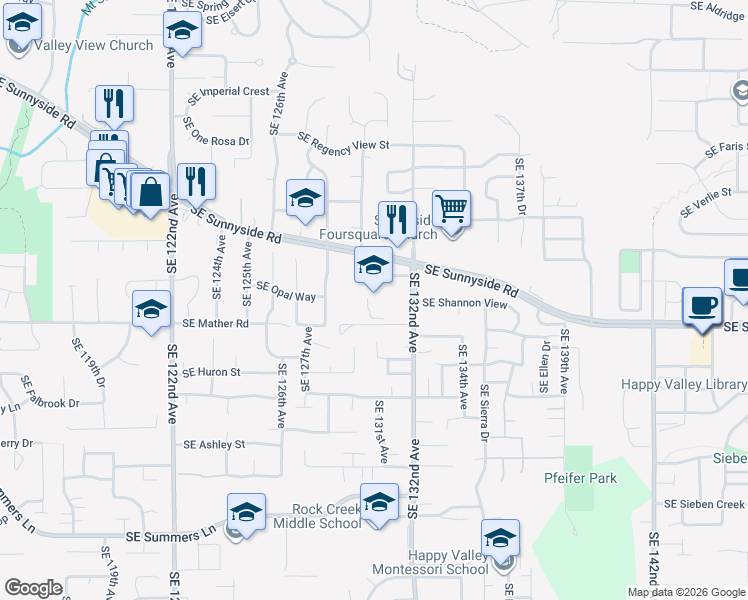 map of restaurants, bars, coffee shops, grocery stores, and more near 13401 Southeast 132nd Avenue in Clackamas