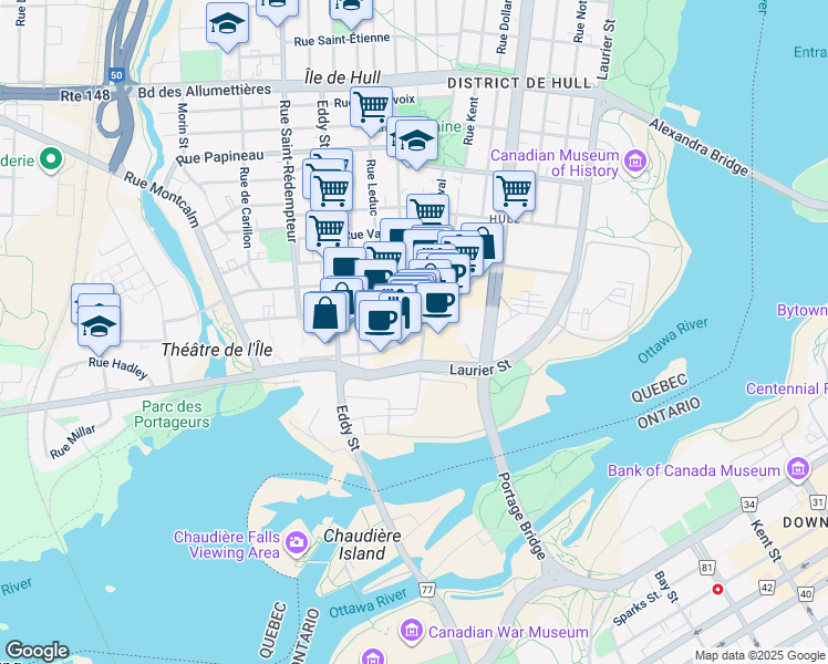 map of restaurants, bars, coffee shops, grocery stores, and more near 131 Promenade du Portage in Gatineau