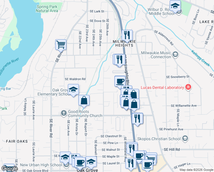 map of restaurants, bars, coffee shops, grocery stores, and more near 13322 Southeast Linden Lane in Milwaukie