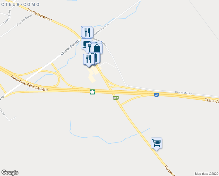 map of restaurants, bars, coffee shops, grocery stores, and more near Route Harwood in Vaudreuil-Soulanges