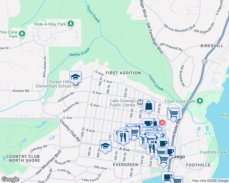 map of restaurants, bars, coffee shops, grocery stores, and more near 828 7th Street in Lake Oswego