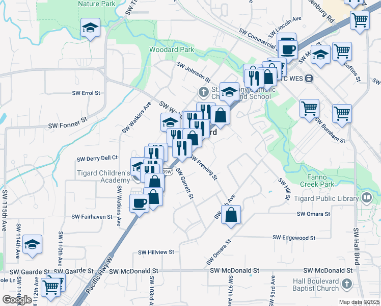 map of restaurants, bars, coffee shops, grocery stores, and more near 12990 Southwest Pacific Highway in Tigard