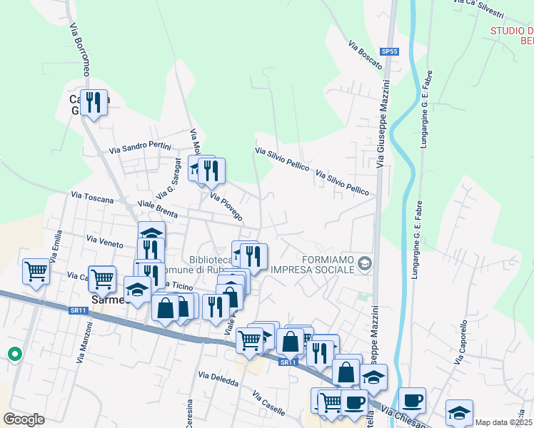 map of restaurants, bars, coffee shops, grocery stores, and more near 32 Viale Po in Sarmeola