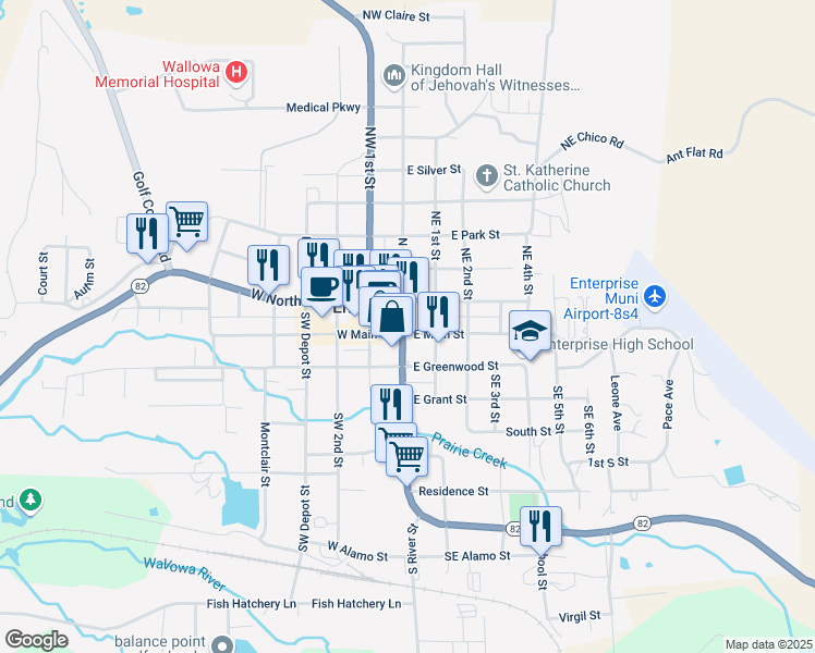 map of restaurants, bars, coffee shops, grocery stores, and more near 107 North River Street in Enterprise