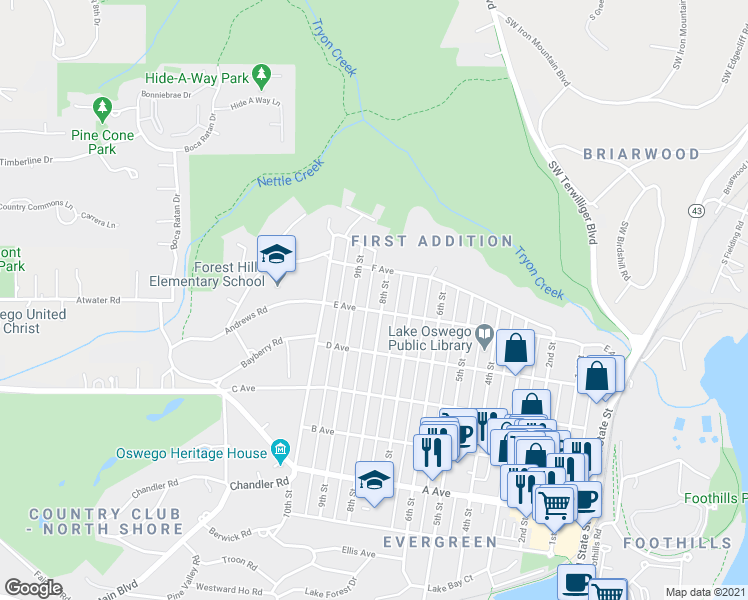 map of restaurants, bars, coffee shops, grocery stores, and more near 871 8th Street in Lake Oswego