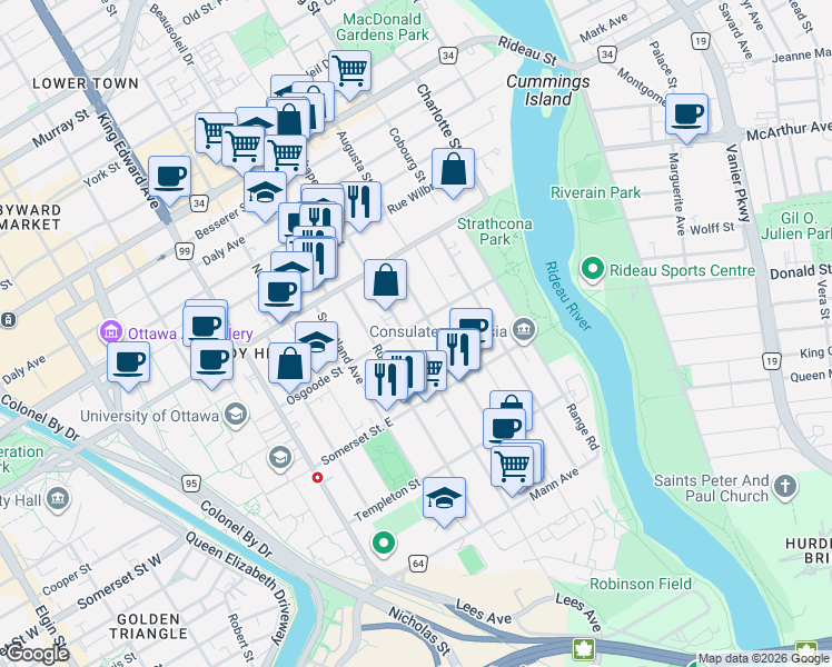 map of restaurants, bars, coffee shops, grocery stores, and more near in Ottawa