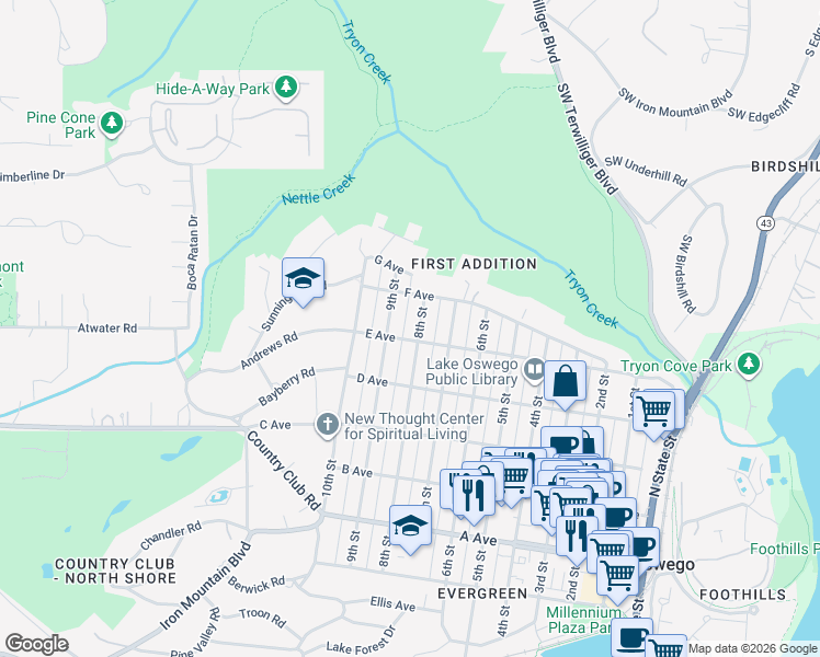 map of restaurants, bars, coffee shops, grocery stores, and more near 828 8th Street in Lake Oswego
