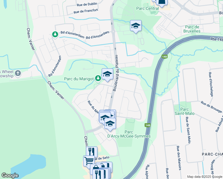 map of restaurants, bars, coffee shops, grocery stores, and more near 842 Boulevard du Plateau in Gatineau
