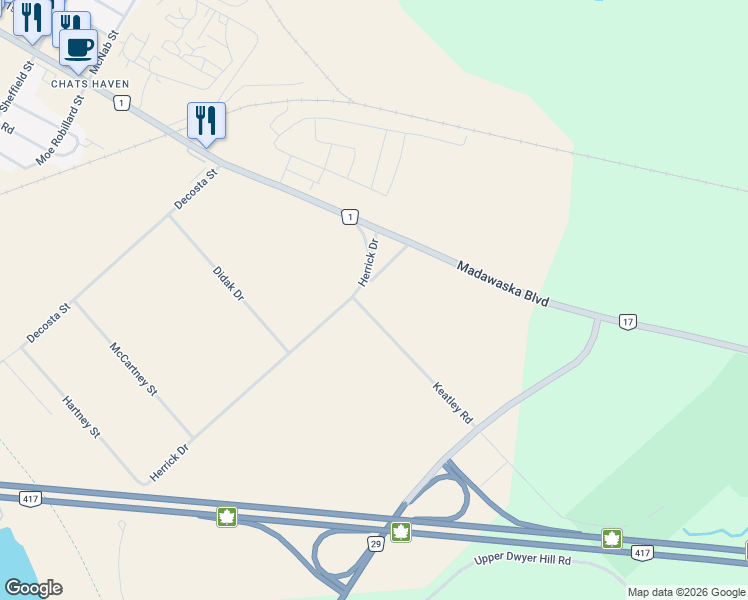 map of restaurants, bars, coffee shops, grocery stores, and more near 128 Connifer Lane in Arnprior