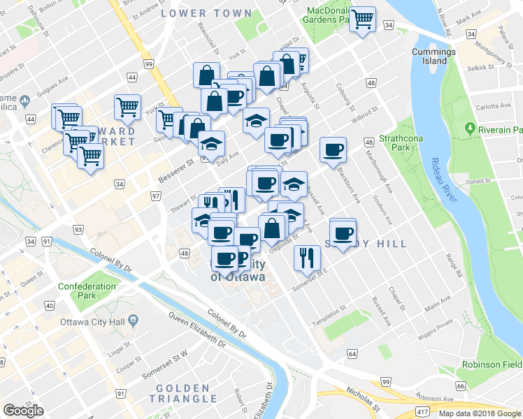 map of restaurants, bars, coffee shops, grocery stores, and more near 218 Laurier Avenue East in Ottawa