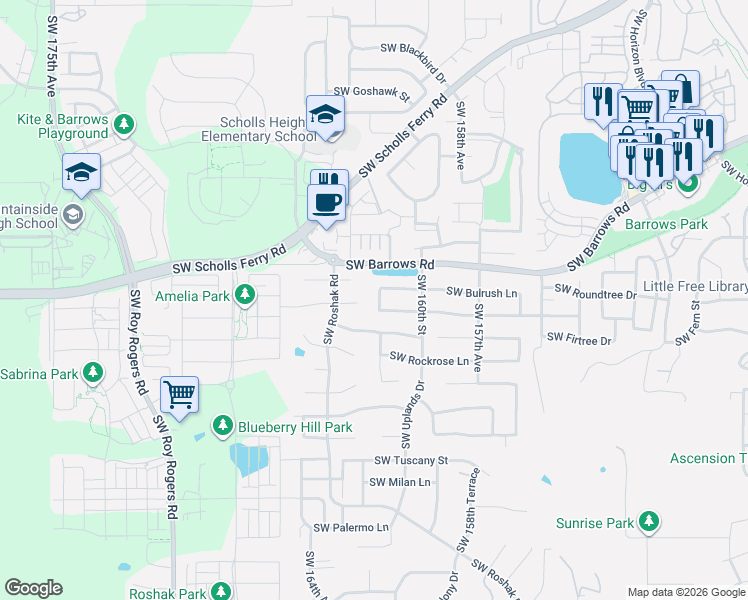 map of restaurants, bars, coffee shops, grocery stores, and more near 13017 Southwest Tearose Way in Portland