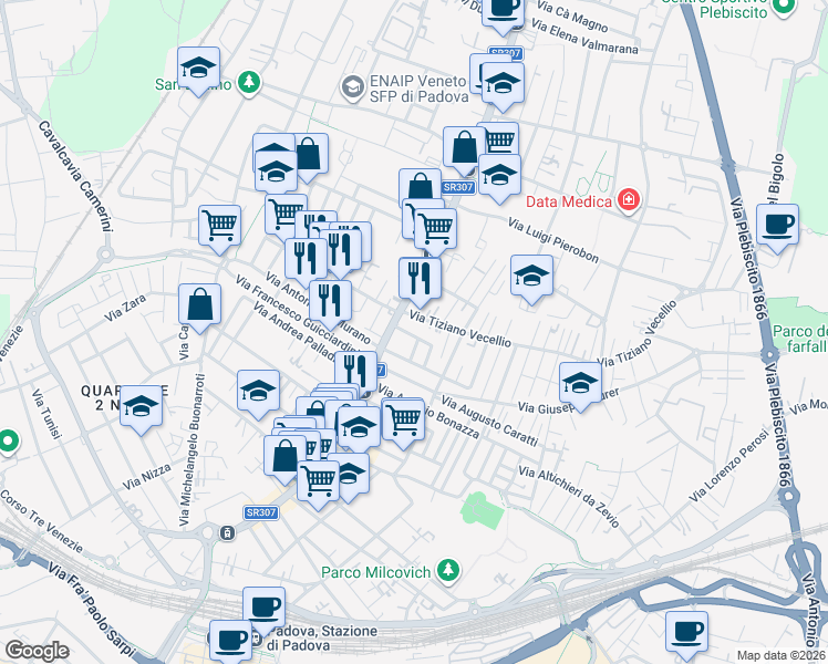 map of restaurants, bars, coffee shops, grocery stores, and more near 185 Via Tiziano Aspetti in Padova