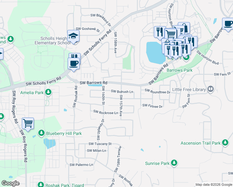 map of restaurants, bars, coffee shops, grocery stores, and more near 15754 Southwest Bulrush Lane in Tigard