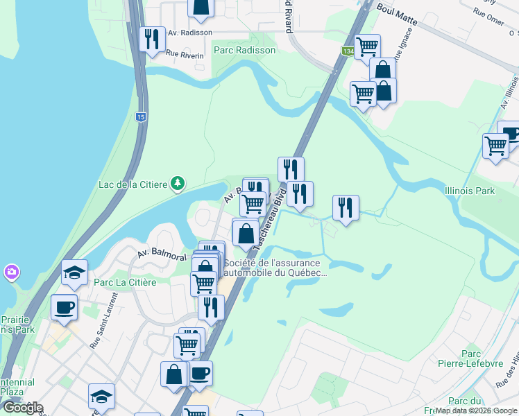 map of restaurants, bars, coffee shops, grocery stores, and more near in La Prairie