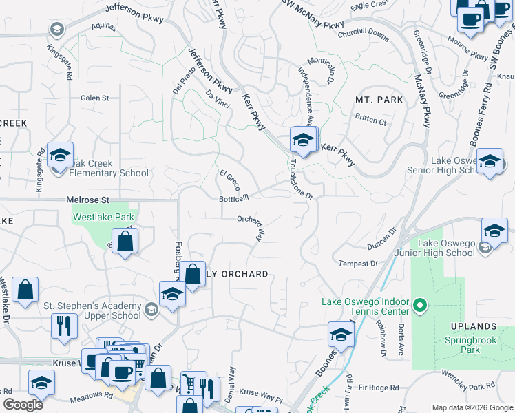 map of restaurants, bars, coffee shops, grocery stores, and more near 4105 Woodhill Court in Lake Oswego