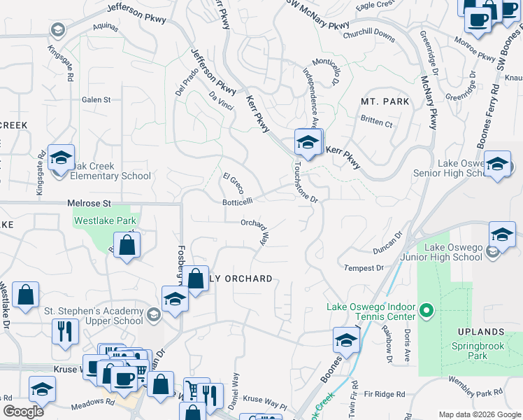 map of restaurants, bars, coffee shops, grocery stores, and more near 4105 Woodhill Court in Lake Oswego