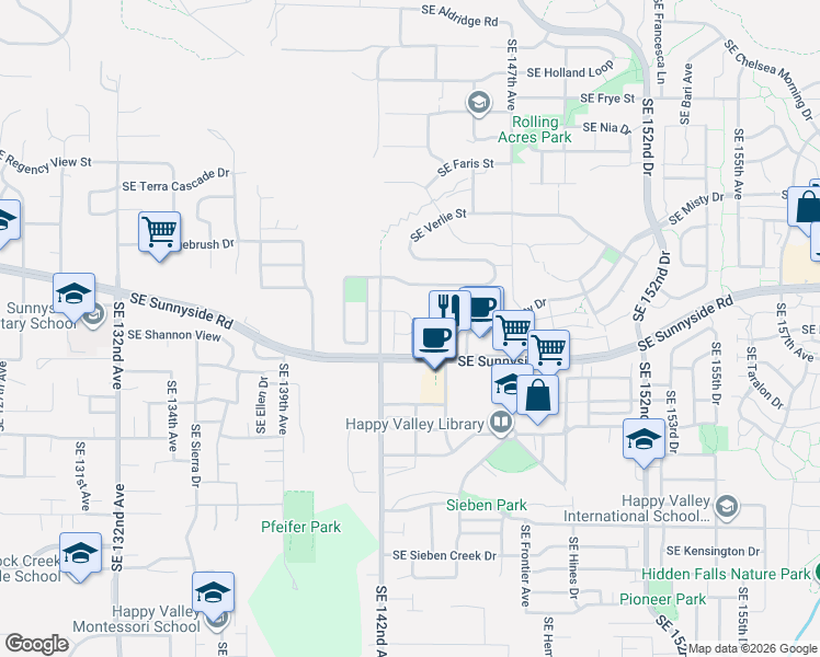map of restaurants, bars, coffee shops, grocery stores, and more near 13444 Southeast Piper Drive in Happy Valley