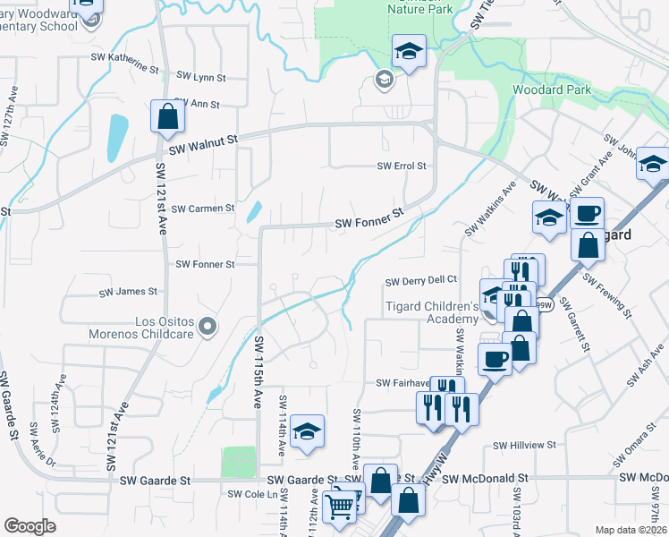 map of restaurants, bars, coffee shops, grocery stores, and more near 11185 SW Morgen Ct in Tigard