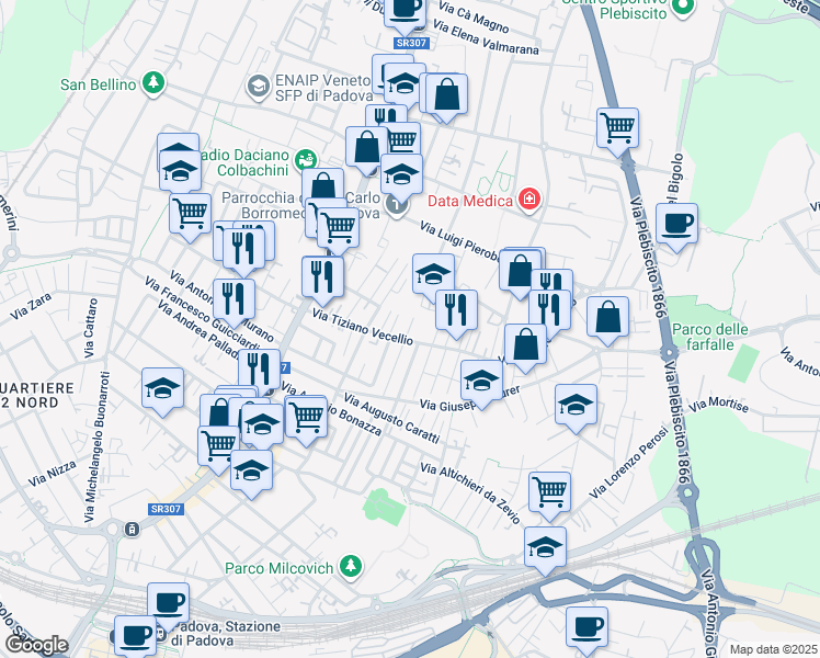 map of restaurants, bars, coffee shops, grocery stores, and more near 3 Via Nicola Amati in Padua