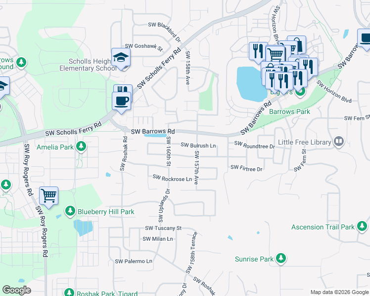map of restaurants, bars, coffee shops, grocery stores, and more near 15815 Southwest Bulrush Lane in Tigard